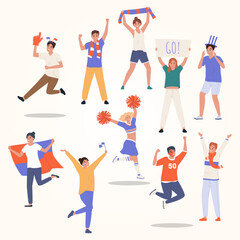 Fototapeta na wymiar flat set happy sport fans cheerleaders holding colorful attributes isolated vector illustration