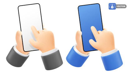 Cute 3d cartoon realistic hands holding smartphone and touching screen with forefinger. Isolated on white background. Mockup, social media, shopping online concept. Vector illustration
