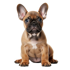 Adorable fawn French Bulldog puppy, sitting up facing front. Looking curious. Isolated on transparent background.