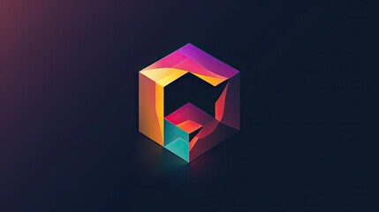 Isometric cube with neon light on dark background