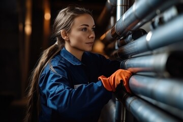 Woman plumber working near metal pipes indoor, female professional occupation. 