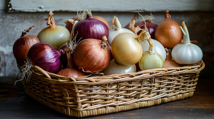 various types of onions in a wicker basket