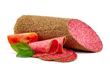 Dried organic salami sausage covered with pepper, isolated on white background.
