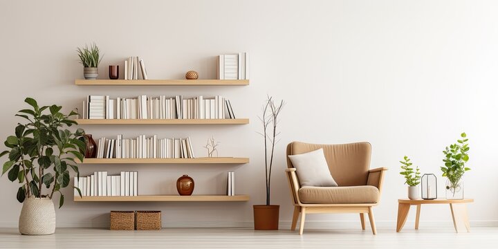 Contemporary Scandinavian home decor with furniture, plants, books, and personal accessories. Stylish and ready to use template.