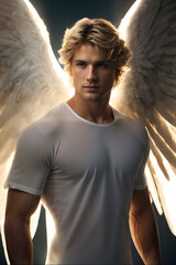 A man wearing a white shirt and angel wings stands out against a white background. created with generative AI technology