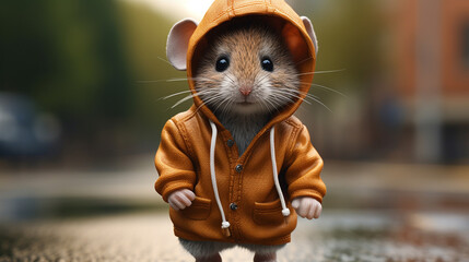 A cute little mouse with a hoodie and tennis shoes, beautiful background.Generative AI - obrazy, fototapety, plakaty