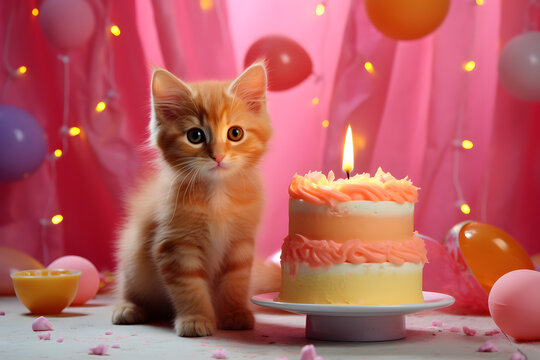 Cute cat with a birthday cake and candles on a festive pink background