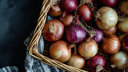 various types of onion in a wicker basket, top view