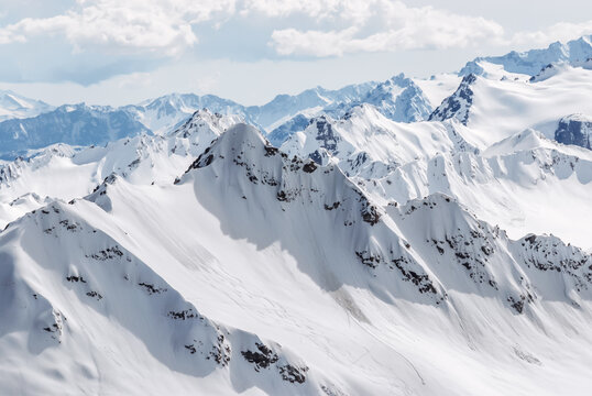 Winter mountains of the Caucasus on a sunny day. Panoramic view