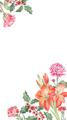 Floral corner frame with the autumn flowers painted with watercolors. For greeting cards, invitations, wedding decor, note cards, and more. Perfect for fall and winter seasons