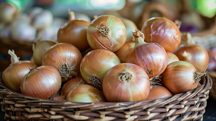 onions in a wicker basket, closeup