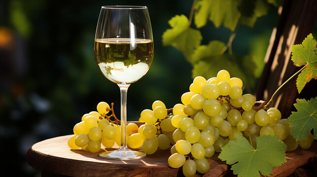 A glass of white wine on a wooden surface with bunches of grapes.Generative AI