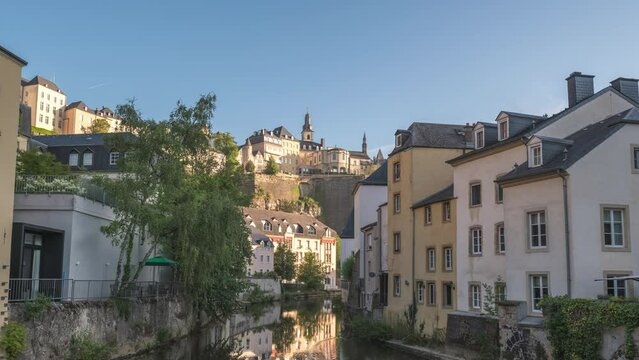 Grand Duchy of Luxembourg time lapse, city skyline timelapse at Grund along Alzette river in the historical old town of Luxembourg