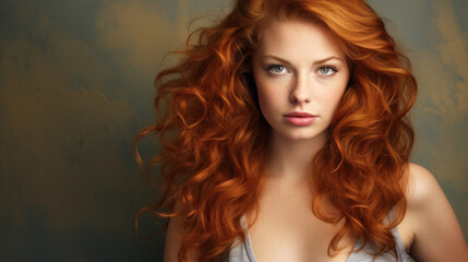 Fototapeta premium Beauty portrait of red-haired beautiful woman on studio background With copy space. Art hairstyle.