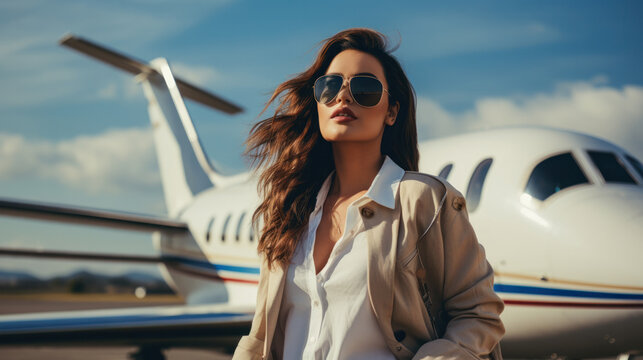 Mid adult plus size female businesswoman and private jet at airport