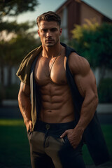 A shirtless man strikes a pose, exuding strength and confidence, ready for the perfect snapshot. created with generative AI technology