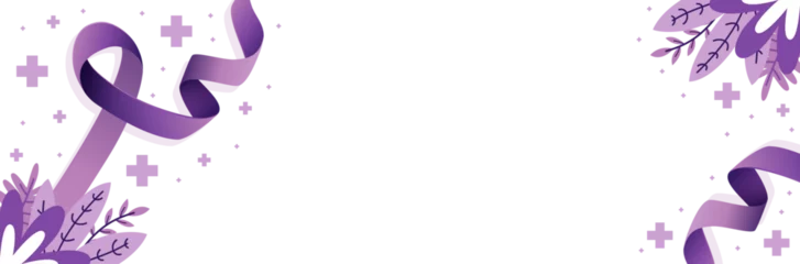 Fotobehang Bannière vectorielle présentant des rubans violets et des éléments décoratifs en soutien à la lutte contre le Cancer - Illustration de solidarité, de prévention et de sensibilisation à la maladie © Manon