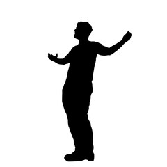 Happy man showing positive emotions and hand gesture. Silhouette of a man, hands stretched.