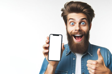 happy man with Huge Eyes surprised expression hold smartphone with white mockup screen. ai generative - obrazy, fototapety, plakaty
