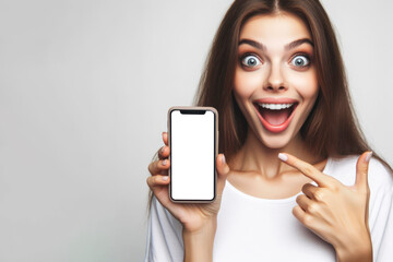 happy woman with Huge Eyes surprised expression hold smartphone with white mockup screen. ai generative - obrazy, fototapety, plakaty