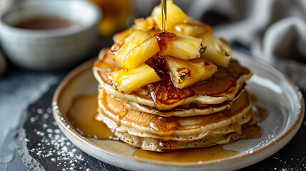 pancakes with maple syrup and pieces of pineapple, closeup - obrazy, fototapety, plakaty