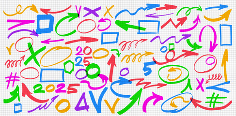 Colored highlighter elements, acid highlighters marker stripe. Circle, square, cross, underline element, color text mark. Set of markers brushes strokes underline neoteric. Vector Business elements.