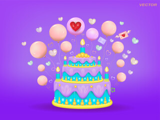 A children's birthday cake with icing, candles and balloons.
Vector illustration, banner. A place to copy.