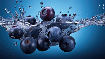 Smooth Fresh ripe organic purple Blueberries Fruits falling into water and splashes created with Generative AI Technology