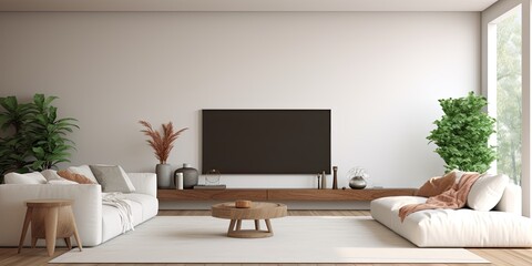 Spacious living room with white walls, featuring cozy seating area with TV