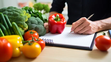 Foto op Plexiglas a person writes a meal plan with vegetables. Generative AI © Артур Комис