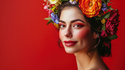 Beauty portrait of young beautiful woman with red color eyes, lips makeup, flower wreath, posing on red background.