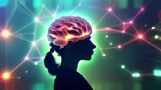 the profile of a woman and the brain, characterized by a multitude of lights and network emanating from the brain