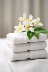 Fototapeta na wymiar Spa composition. white towels and plumeria flowers on a white table.Generative AI