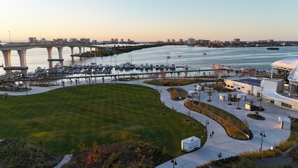 A drone photo of the Sound concert hall in Coachman Park, Clearwater, Florida.