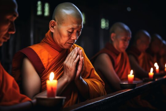 Many monks in robes pray in a temple.