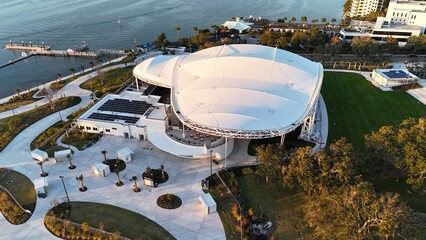 A drone photo of the Sound concert hall in Coachman Park, Clearwater, Florida.