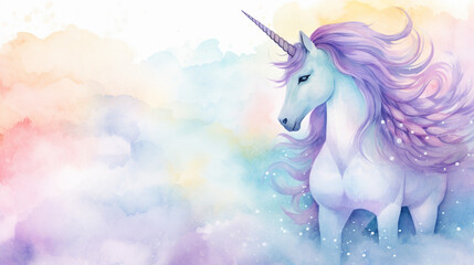 Obraz na płótnie Canvas unicorn and girly background. Soft blue and violet rainbow pastel unicorn girly watercolour background