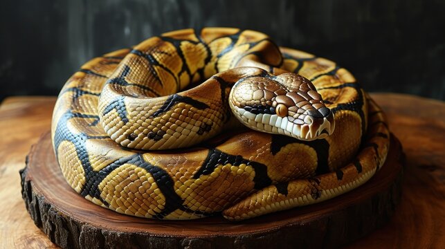 chocolate cake on the table in the shape of a tree python constrictor, on a wooden tray, banner