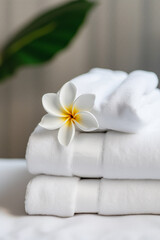 Spa composition. white towels and plumeria flowers on a white table.Generative AI