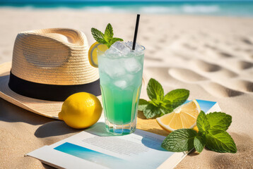 Mojito cocktail in a clear glass with alcohol, rum, sugar, lime, mint leaves, soda, ice, arranged on a sandy beach. for advertising media It is usually popular in summer. Refreshing drinks