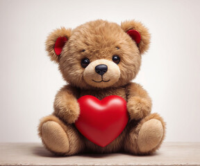 Fototapeta premium Adorable teddy bear holding a red heart in a 3D rendering. Perfect for expressing Valentine's Day love on February 14