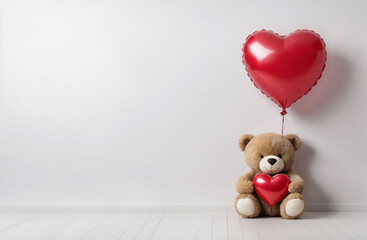 Cute teddy bear with red heart-shaped balloon in a 3D illustration. Valentine's Day theme for February 14
