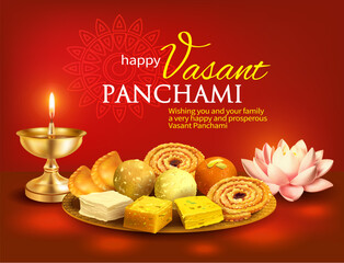 Greeting background with traditional sweets for Indian festival Vasant Pancami (Saraswati Jayanti) dedicated to Goddess Saraswati. Vector illustration.