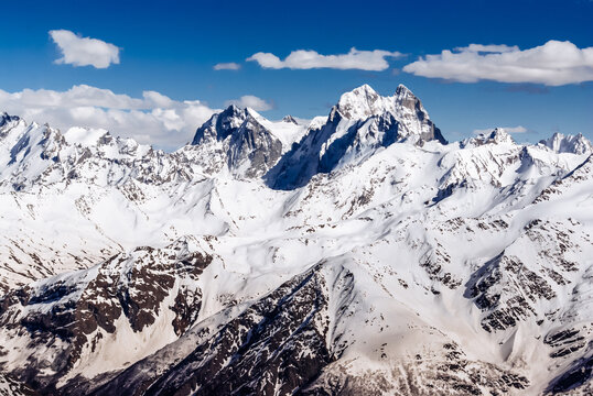 Winter mountains of the Caucasus on a sunny day. Panoramic view