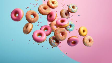 A bunch of donuts that are flying in the air - obrazy, fototapety, plakaty