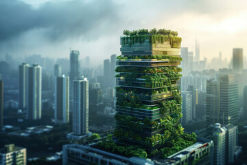 smart eco-friendly building in a modern city. Skyscraper covered with vegetation surrounded by buildings