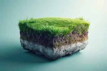 Fotobehang 3D land sign against lawn on cubicle soil and geology cross section with green grass © rufous