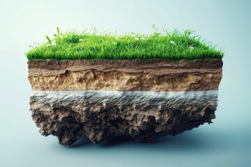 3D land sign against lawn on cubicle soil and geology cross section with green grass