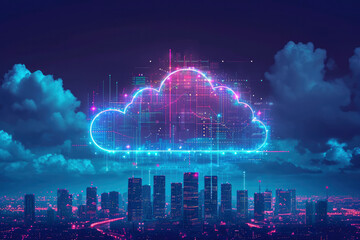 Cloud computing concept. Smart city wireless internet communication with cloud storage, cloud services. Download, upload data on server. - obrazy, fototapety, plakaty
