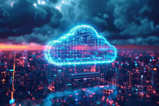 Cloud computing concept. Smart city wireless internet communication with cloud storage, cloud services. Download, upload data on server.